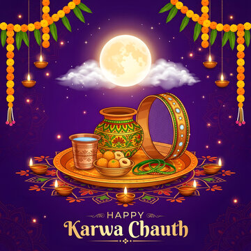 Happy Karwa Chauth celebration with traditional puja thali, moon, and festive decorations