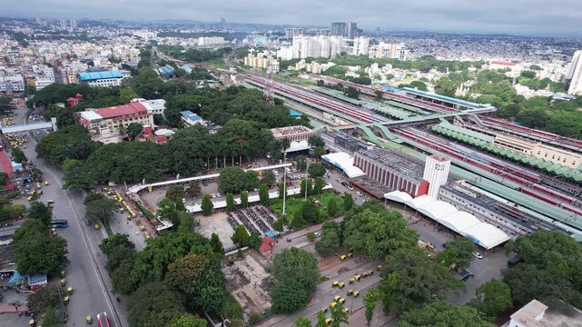 Aerial view of KSR bangalore city junction railway station with surrounding urban infrastructure