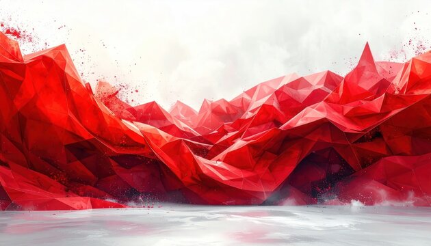 Red geometric mountain range with paint splatters abstract art