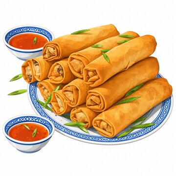 Crispy fried spring rolls pile with sweet chili dipping sauce on ceramic plate vector illustration isolated on white background