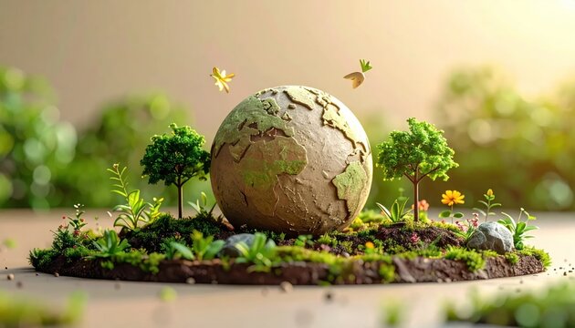 Miniature earth globe with trees and moss in soft sunlight