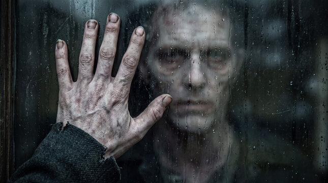 Zombie hand pressing against wet glass, an undead face appearing through rain drops on a dark day