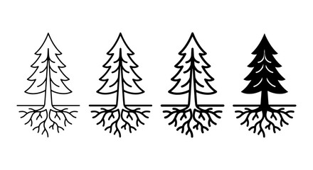 Obraz premium Pine Tree Icons with Roots, Vector Graphics Set, Nature and Forest Elements