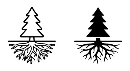 Obraz premium Tree Root Icons, Evergreen Forest Symbol, Nature Growth Concept, Black and White Vector Art