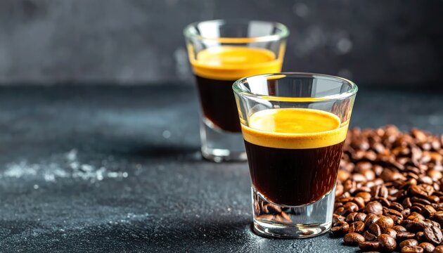 Two espresso shots with crema and roasted coffee beans