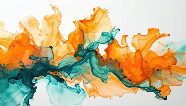 Vibrant orange and turquoise fluid ink texture on white