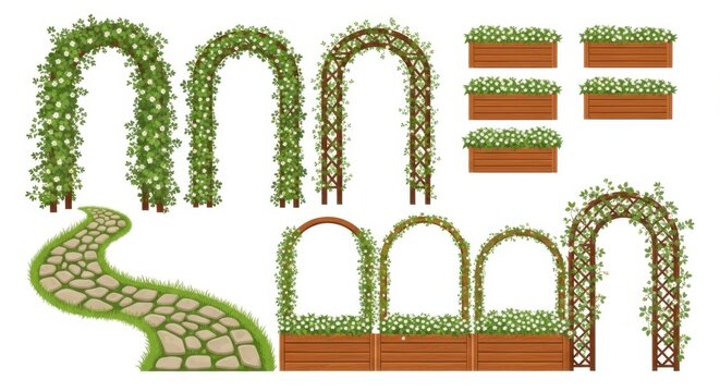 Garden arches with plants and stone path set