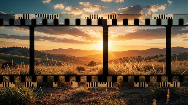 Film strip frames beautiful sunrise over rolling hills and dry grass fields. Golden hour light beams through clouds, casting warm glow on serene landscape. Cinematic view of nature.