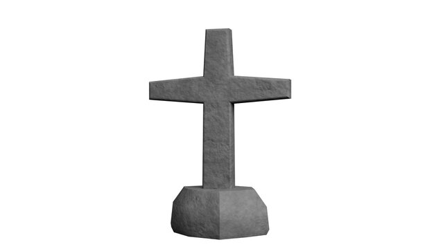 A simple stone cross sculpture set against a dark background.