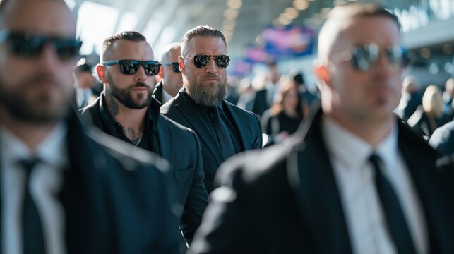 Group of professional bodyguards surrounding an important person in a busy airport terminal, conveying executive protection in a high-tension environment.