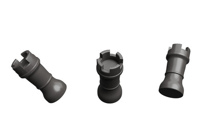 Three 3D chess rooks displayed from different angles on a black background © Anh