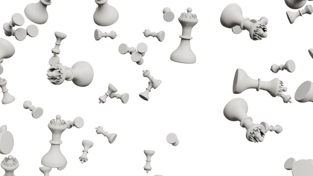 A scattered arrangement of white chess pieces on a black background.