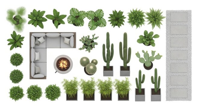 Top view furniture and plants set for house floor plan design