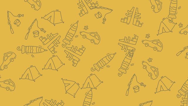 Camping doodles create a seamless yellow pattern featuring tents, cars, and outdoor equipment.