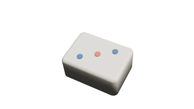 A minimalist white domino with two blue dots and one red dot on a black background.