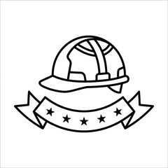 Fototapeta premium Simple line art illustration of a construction hard hat with a decorative ribbon banner.