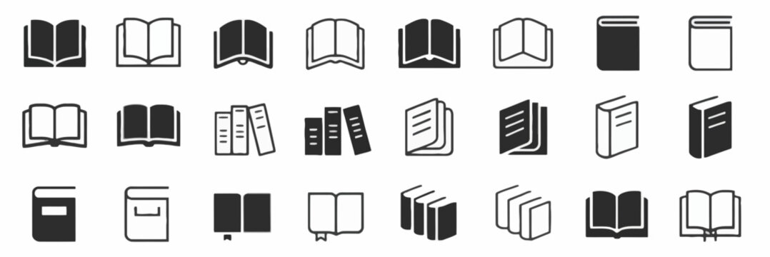 Minimalist book icon set, 24 black and white library symbols, flat vector education graphics for web and print design