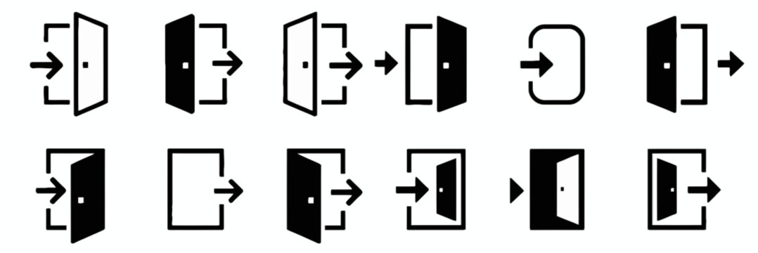 Minimalist door exit and entrance icons, 12 black vector symbols for login and logout, emergency escape signs for UI design