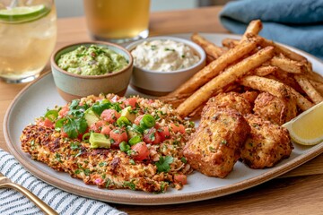 Fototapeta premium Healthy fish and chips with cauliflower rice fresh salsa and guacamole balanced meal for diet and nutrition