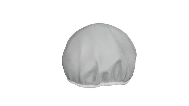 A white, elastic shower cap displayed against a black background.