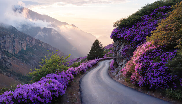 Purple azalea flowers bordering a winding road in the mountains