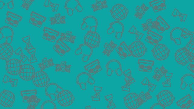 Teal background with globe, headphones, bow tie, hourglass, trophy icons pattern. Great for music, fashion, time management, and achievement themes.