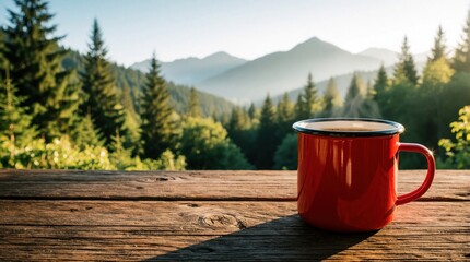 Fototapeta premium Red enamel mug with hot coffee sits on a rustic wooden table with a scenic mountain forest landscape view in the background. Peaceful morning breakfast outdoors.