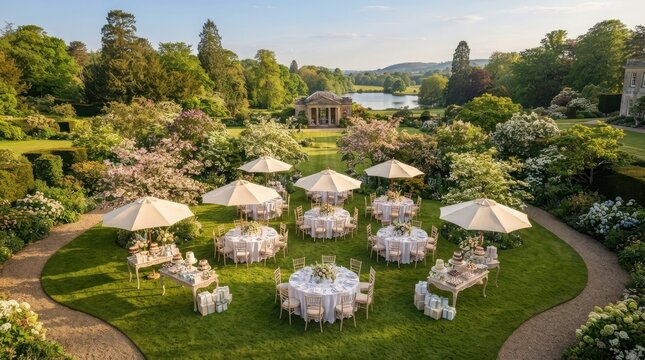 Outdoor event set up with tables and umbrellas on a green lawn in a beautiful lush garden park during a bright sunny summer day