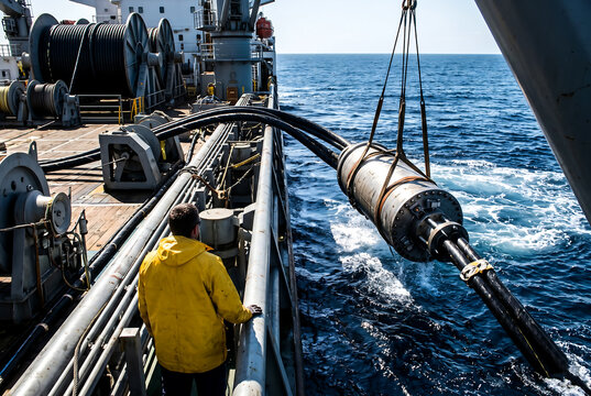 Submarine fiber optic cable installation from a specialized vessel at sea