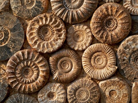 Collection of Brown Ammonite Fossils as Natural Pattern