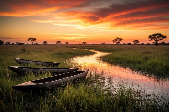 Three dugout canoes rest by a winding stream in Botswana savanna. Colorful sunset sky reflects on water. Acacia trees dot the grassy plains at dusk.