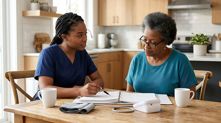 Fototapeta premium Home health nurse reviewing medical records with an elderly woman at a kitchen table.