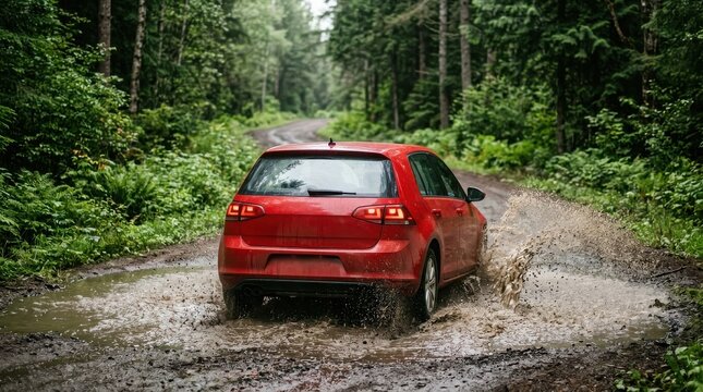 Red car driving through a muddy puddle on a forest road , Dangerous crash accident, Distracted driving, Emergency response, Highway collision