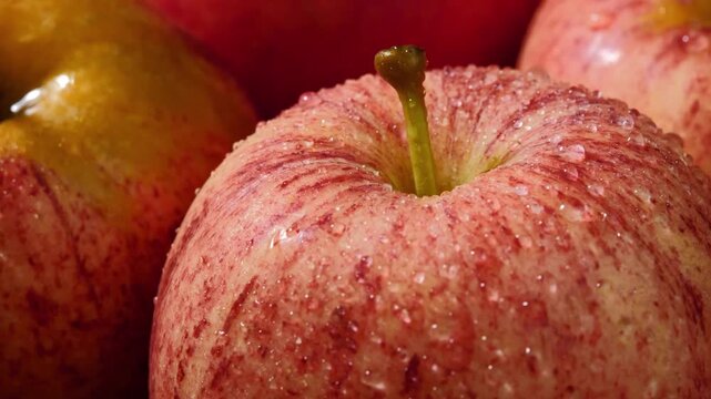 Close-Up of Red Apple Covered with Water Droplets	