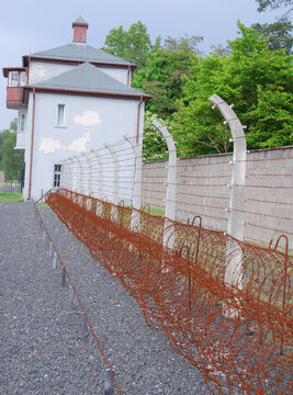 SACHSENHAUSEN ORANIENBURG, GERMANY: Barbed fence in Sachsenhausen nazi camp. About 200,000 people passed through Sachsenhausen between 1936 and 1945.