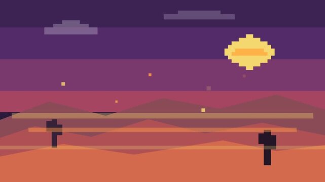 Pixel Sunset Over Palm Trees At Dusk.