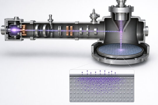 Ion implantation beamline striking silicon wafer cross section