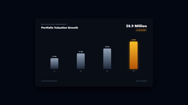 Financial growth graph dashboard displaying portfolio valuation metrics with an ascending yellow bar chart.