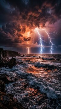 Dramatic lightning storm over ocean with dark storm clouds and waves