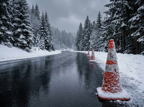 snowy road with traffic cones on a winter day , Dangerous crash accident, Distracted driving, Emergency response, Highway collision