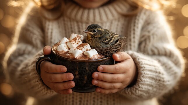 Child holds mug with hot chocolate marshmallows and tiny bird in nest. Cozy winter scene, warm sweater, soft light. Innocence and nature connection.