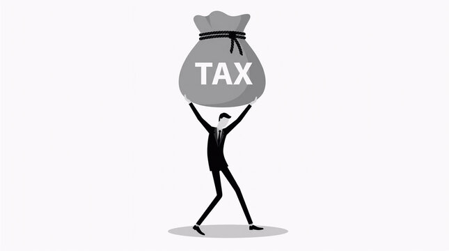 Financial crisis concept with man lifting heavy tax weight,Black and white minimalist vector of taxpayer carrying burden,Corporate worker lifting a giant sack of taxes overhead,