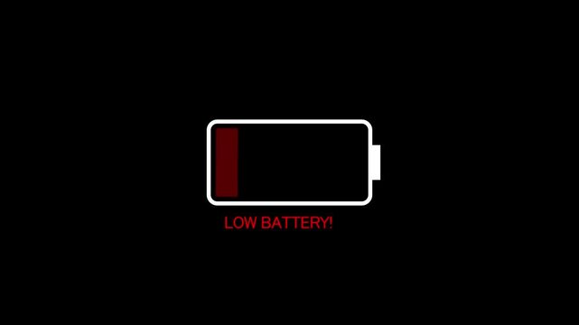 Low battery warning animation with pulsing red alert signal on black background, battery power empty energy