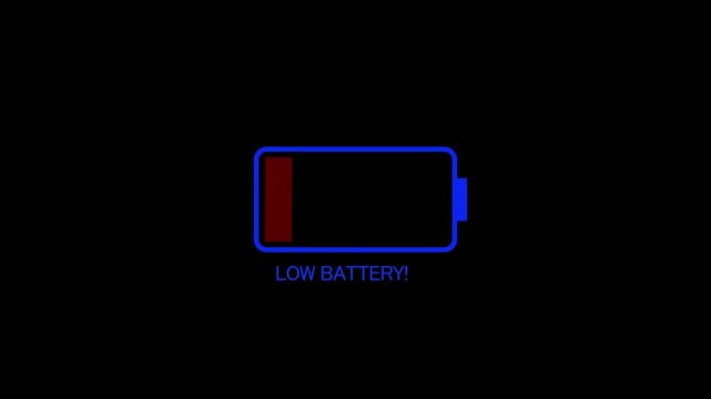 Low battery warning animation with flashing red indicator on black background, battery power warning, energy depletion