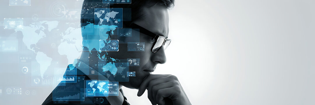 Profile view of a man wearing glasses with a digital map and data information overlays reflecting on his face in a dark environment