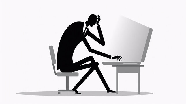 Black and white vector of depressed employee staring at laptop,Tired corporate worker holding head in frustration at office desk,Stressed businessman silhouette working late on a glowing laptop comput
