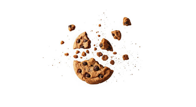 Chocolate chip cookie crumbs and chunks scattered on white background for baking and dessert design