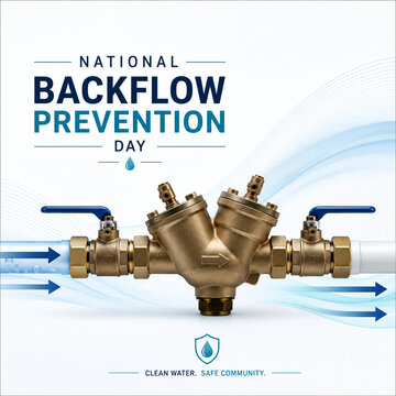 National Backflow Prevention Day Concept with Brass Backflow Preventer Valve and Clean Water Flow