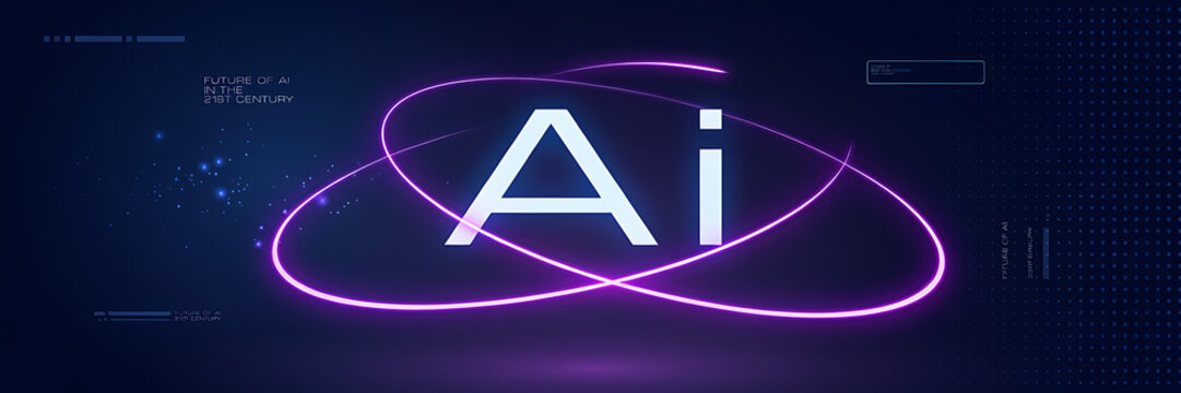 The letters ai centered on a dark background, surrounded by glowing, purple orbital rings, and digital data, points representing advanced technology