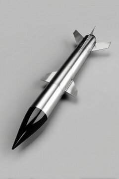 ww3 black and white missile studio study, diagonal silver black rocket on light gray, photorealistic